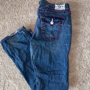 True Religion Women's Dark Blue Bootcut Jeans with Pink Contrast Stitching